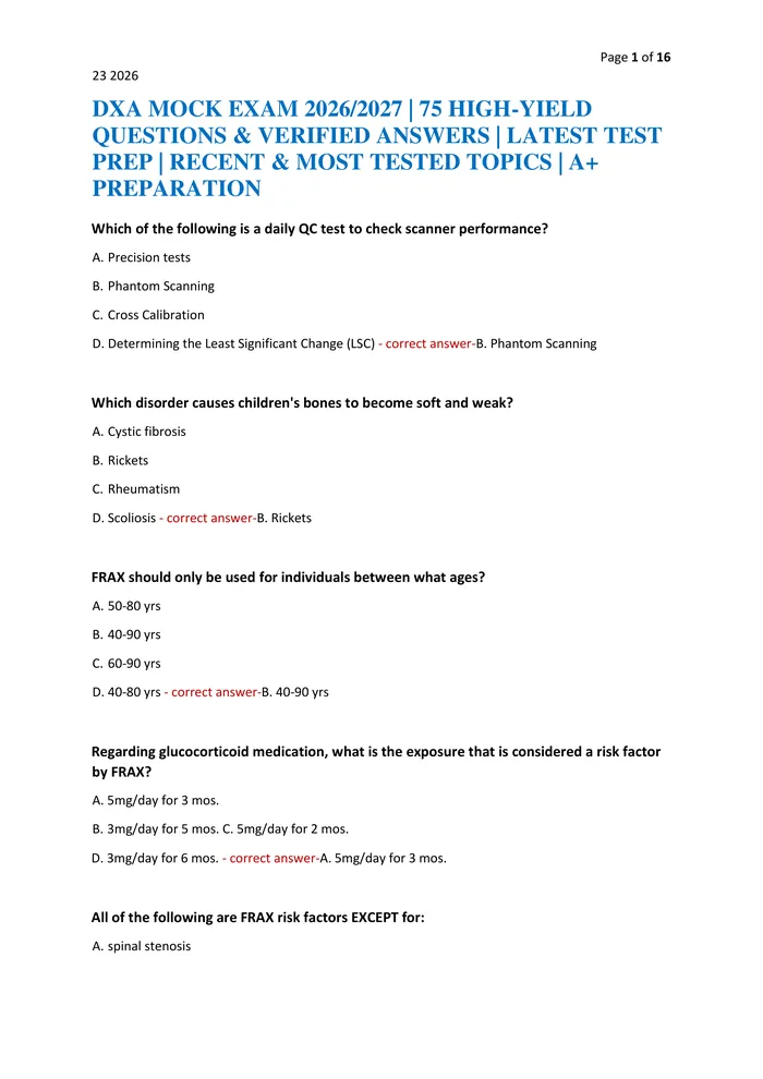 Preview of DXA MOCK EXAM 2026/2027 | 75 HIGH-YIELD QUESTIONS & VERIFIED ANSWERS | LATEST TEST PREP | RECENT & MOST TESTED TOPICS |