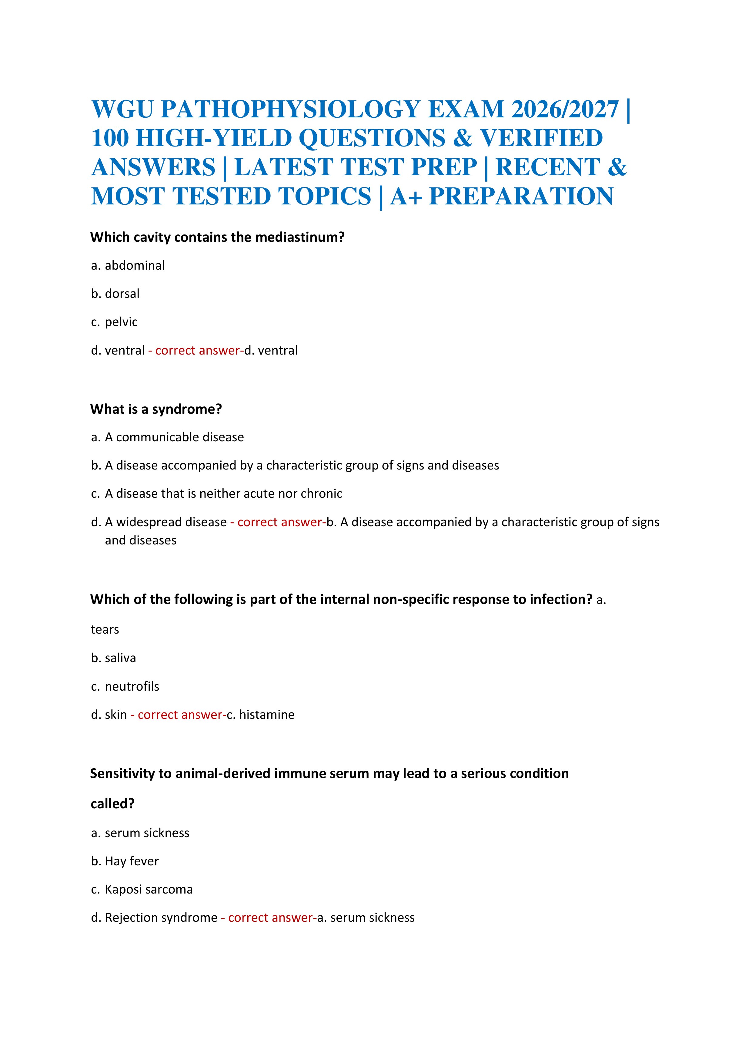 Preview of WGU PATHOPHYSIOLOGY EXAM 2026/2027 | 100 HIGH-YIELD QUESTIONS & VERIFIED ANSWERS | LATEST TEST PREP | RECENT & MOST TEST