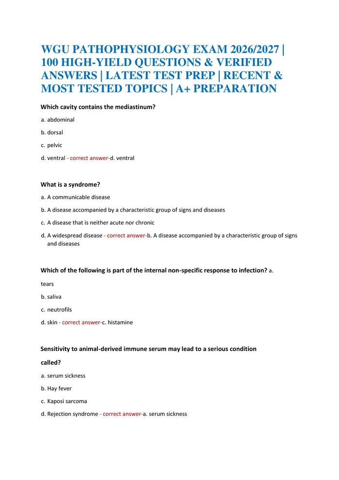 Preview of WGU PATHOPHYSIOLOGY EXAM 2026/2027 | 100 HIGH-YIELD QUESTIONS & VERIFIED ANSWERS | LATEST TEST PREP | RECENT & MOST TEST