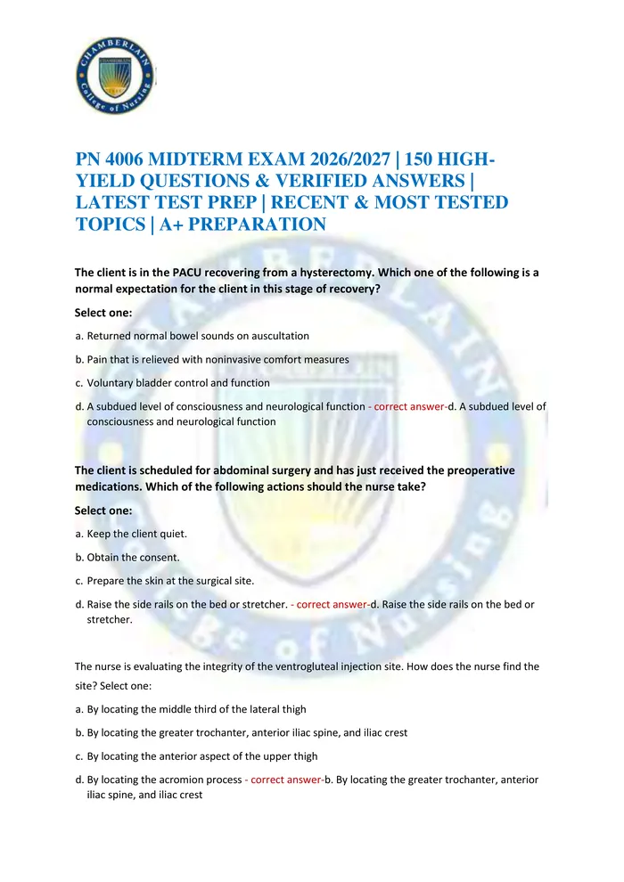 Preview of PN 4006 MIDTERM EXAM 2026/2027 | 150 HIGH-YIELD QUESTIONS & VERIFIED ANSWERS | LATEST TEST PREP | RECENT & MOST TESTED T
