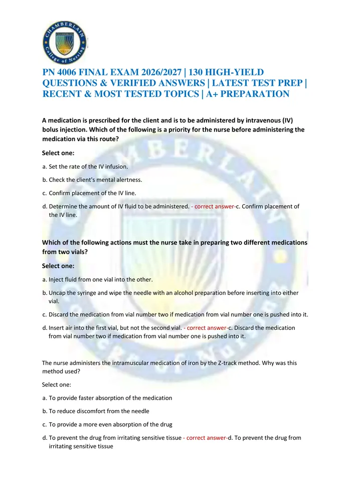 Preview of **PN 4006 FINAL EXAM 2026/2027 | 130 HIGH-YIELD QUESTIONS & VERIFIED ANSWERS | LATEST TEST PREP | RECENT & MOST TESTED T
