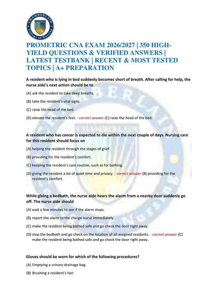 Preview of PROMETRIC CNA EXAM 2026/2027 | 350 HIGH-YIELD QUESTIONS & VERIFIED ANSWERS | LATEST TESTBANK | RECENT & MOST TESTED TOPI