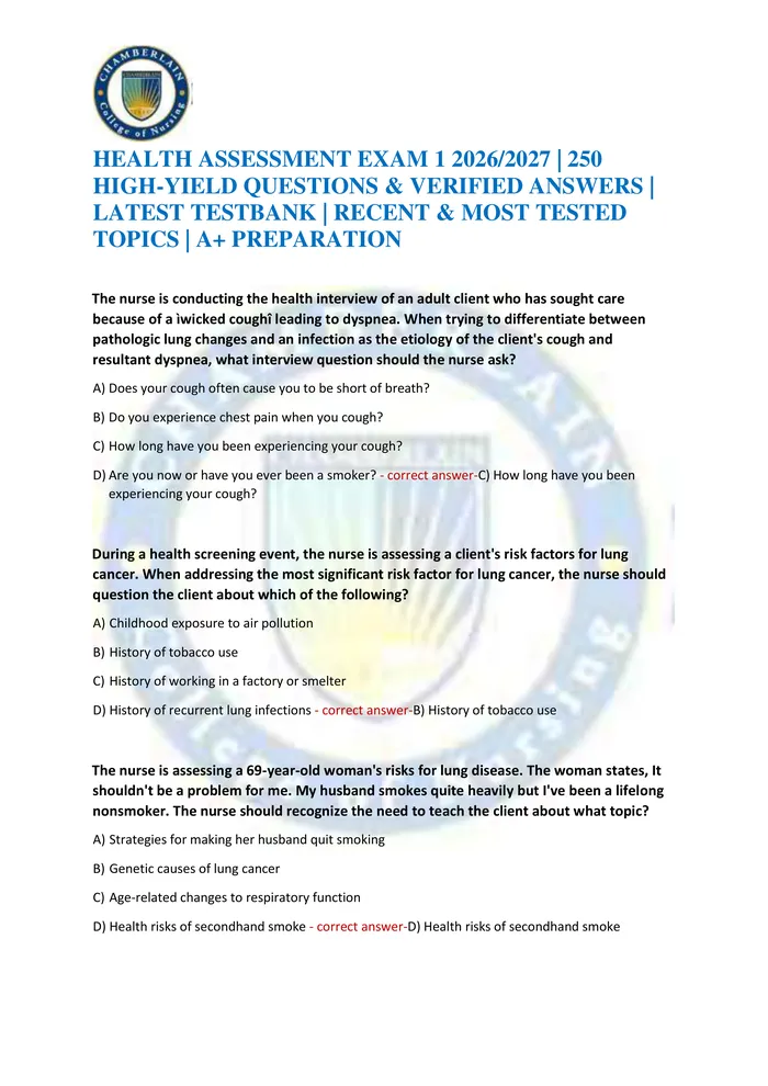 Preview of HEALTH ASSESSMENT EXAM 1 2026/2027 | 250 HIGH-YIELD QUESTIONS & VERIFIED ANSWERS | LATEST TESTBANK | RECENT & MOST TESTE