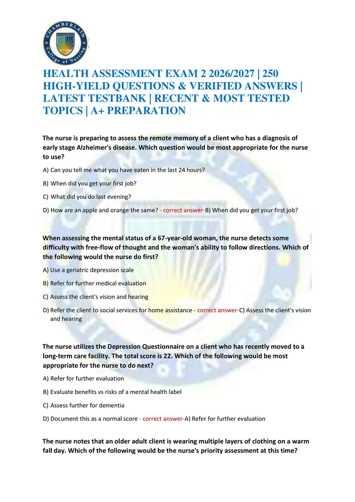Preview of HEALTH ASSESSMENT EXAM 2 2026/2027 | 250 HIGH-YIELD QUESTIONS & VERIFIED ANSWERS | LATEST TESTBANK | RECENT & MOST TESTE