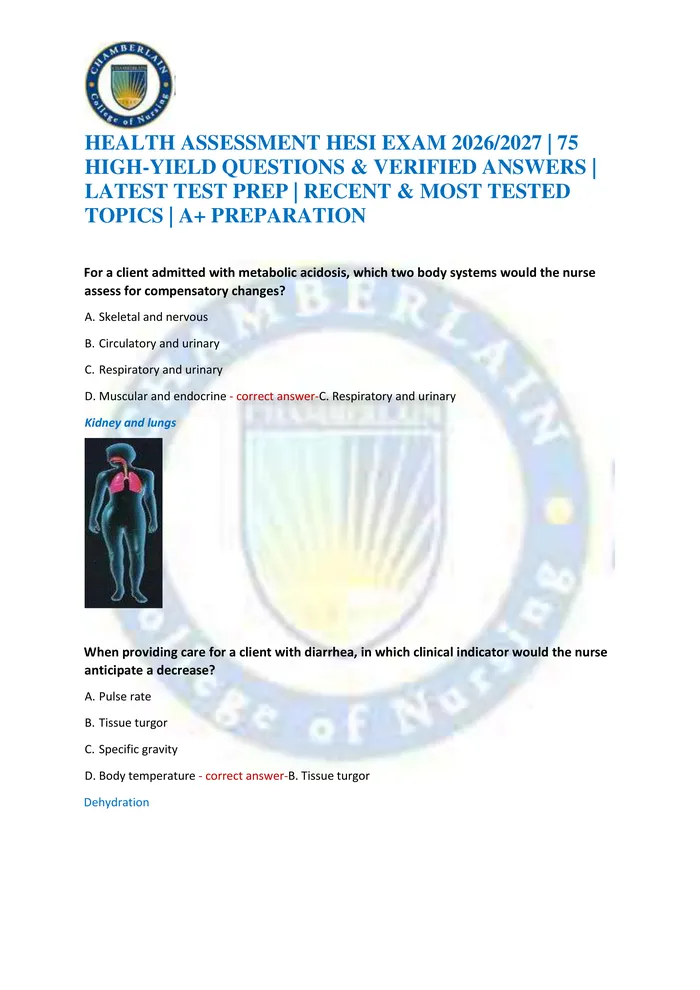Preview of HEALTH ASSESSMENT HESI EXAM 2026/2027 | 75 HIGH-YIELD QUESTIONS & VERIFIED ANSWERS | LATEST TEST PREP | RECENT & MOST TE