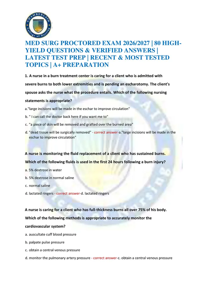 Preview of MED SURG PROCTORED EXAM 2026/2027 | 80 HIGH-YIELD QUESTIONS & VERIFIED ANSWERS | LATEST TEST PREP | RECENT & MOST TESTED