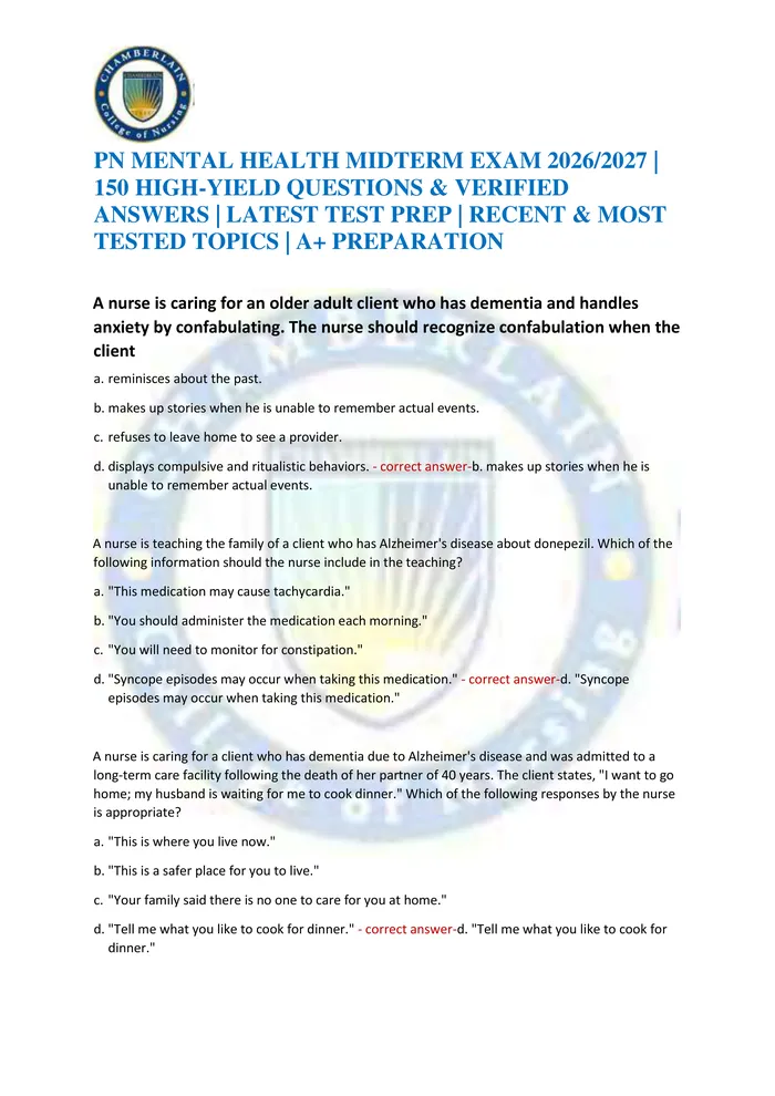 Preview of PN MENTAL HEALTH MIDTERM EXAM 2026/2027 | 150 HIGH-YIELD QUESTIONS & VERIFIED ANSWERS | LATEST TEST PREP | RECENT & MOST