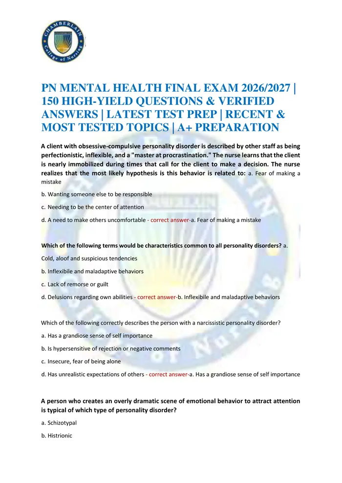 Preview of PN MENTAL HEALTH FINAL EXAM 2026/2027 | 150 HIGH-YIELD QUESTIONS & VERIFIED ANSWERS | LATEST TEST PREP | RECENT & MOST T