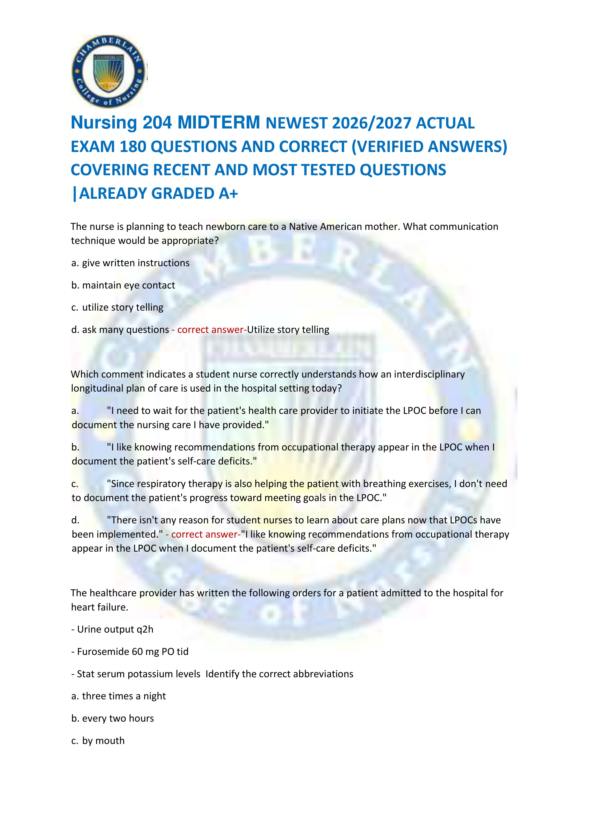 Preview of Nursing 204 MIDTERM NEWEST 2026/2027 ACTUAL  EXAM 180 QUESTIONS AND CORRECT (VERIFIED ANSWERS)  COVERING RECENT AND MOST