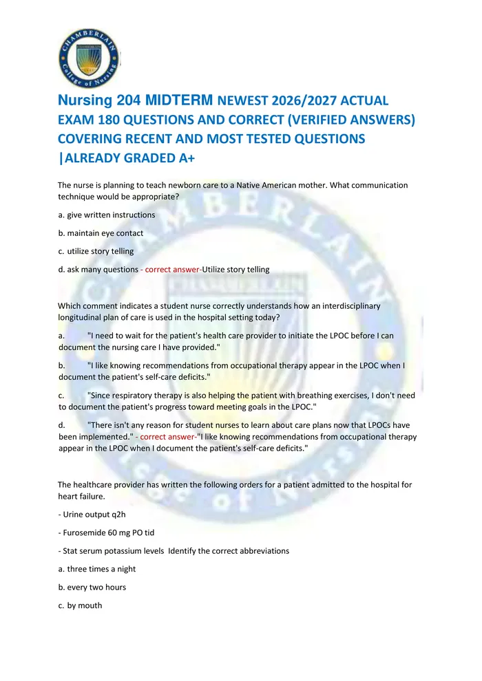 Preview of Nursing 204 MIDTERM NEWEST 2026/2027 ACTUAL  EXAM 180 QUESTIONS AND CORRECT (VERIFIED ANSWERS)  COVERING RECENT AND MOST