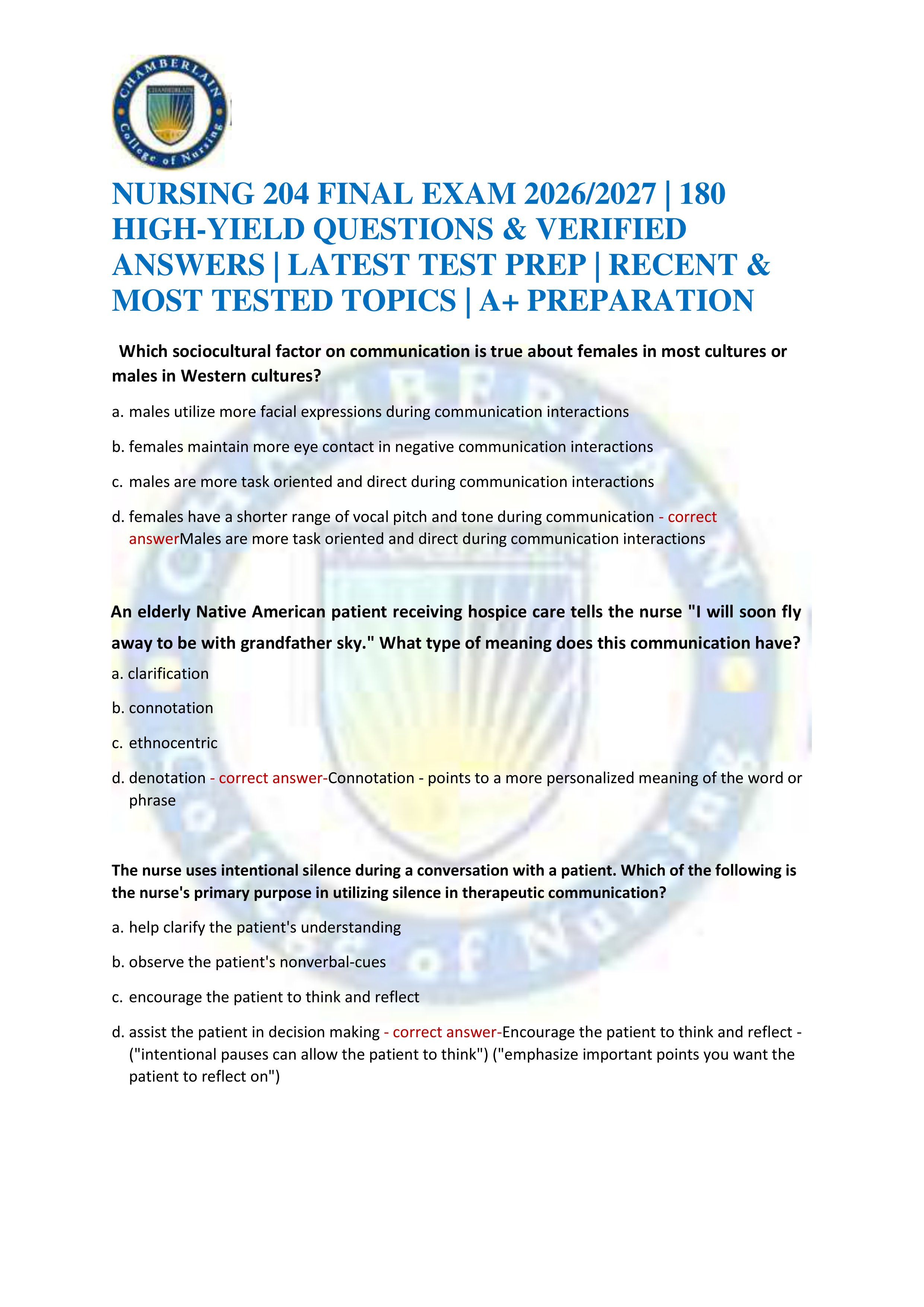 Preview of **NURSING 204 FINAL EXAM 2026/2027 | 180 HIGH-YIELD QUESTIONS & VERIFIED ANSWERS | LATEST TEST PREP | RECENT & MOST TEST