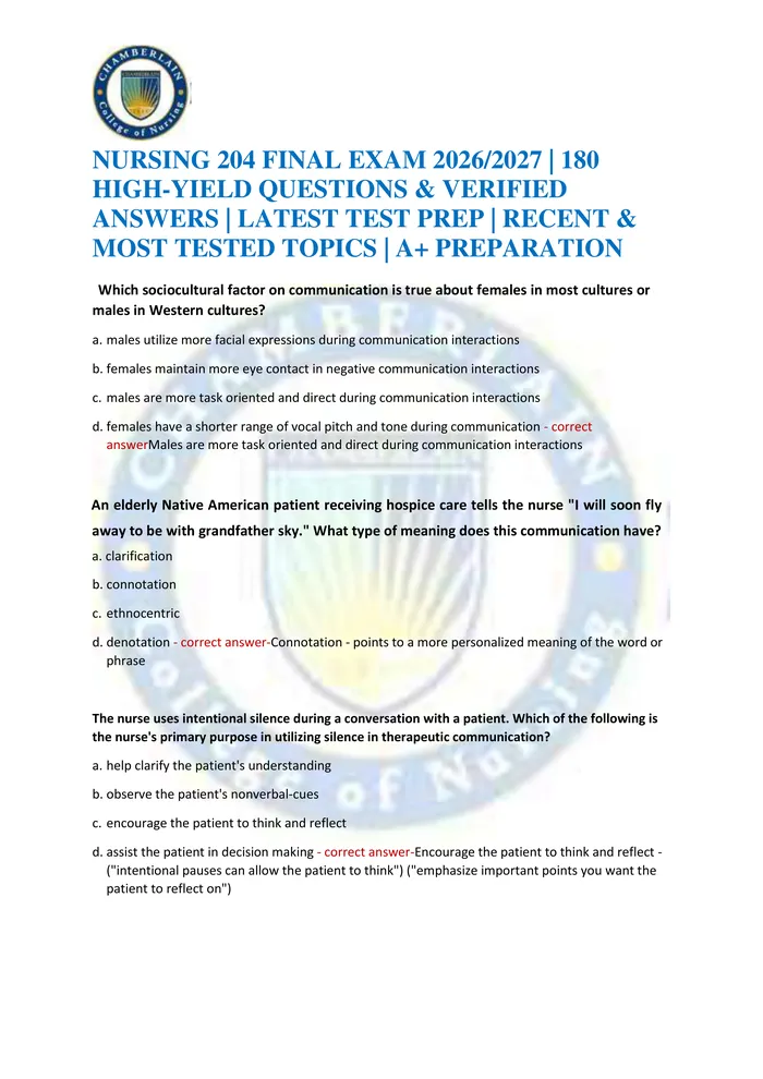 Preview of **NURSING 204 FINAL EXAM 2026/2027 | 180 HIGH-YIELD QUESTIONS & VERIFIED ANSWERS | LATEST TEST PREP | RECENT & MOST TEST