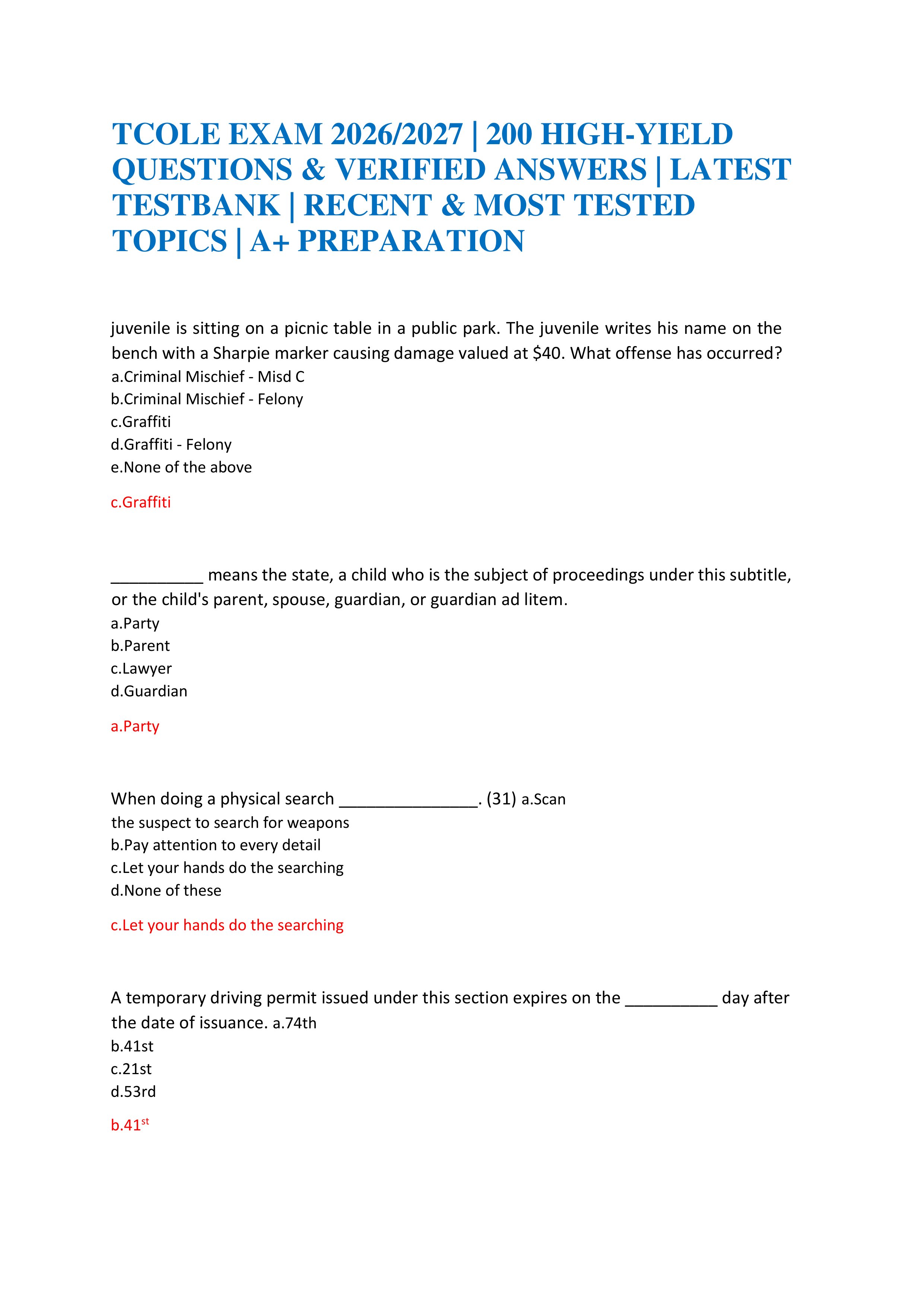 Preview of TCOLE EXAM 2026/2027 | 200 HIGH-YIELD QUESTIONS & VERIFIED ANSWERS | LATEST TESTBANK | RECENT & MOST TESTED TOPICS | A+