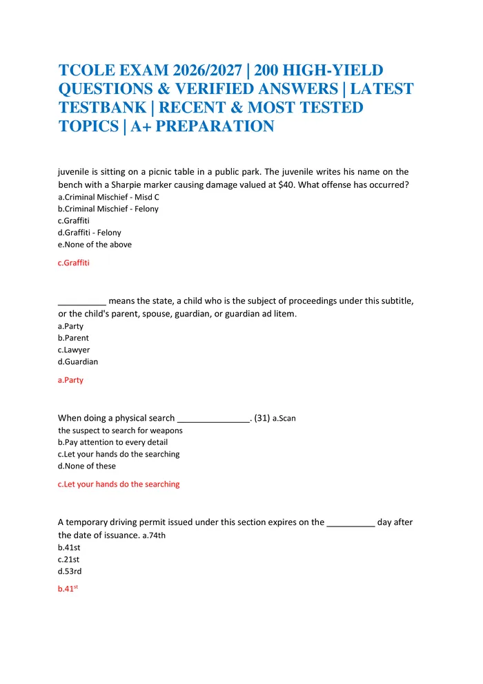 Preview of TCOLE EXAM 2026/2027 | 200 HIGH-YIELD QUESTIONS & VERIFIED ANSWERS | LATEST TESTBANK | RECENT & MOST TESTED TOPICS | A+