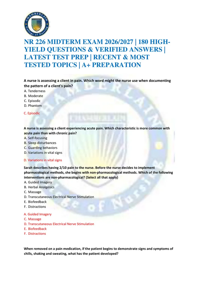 Preview of NR 226 MIDTERM EXAM 2026/2027 | 180 HIGH-YIELD QUESTIONS & VERIFIED ANSWERS | LATEST TEST PREP | RECENT & MOST TESTED TO