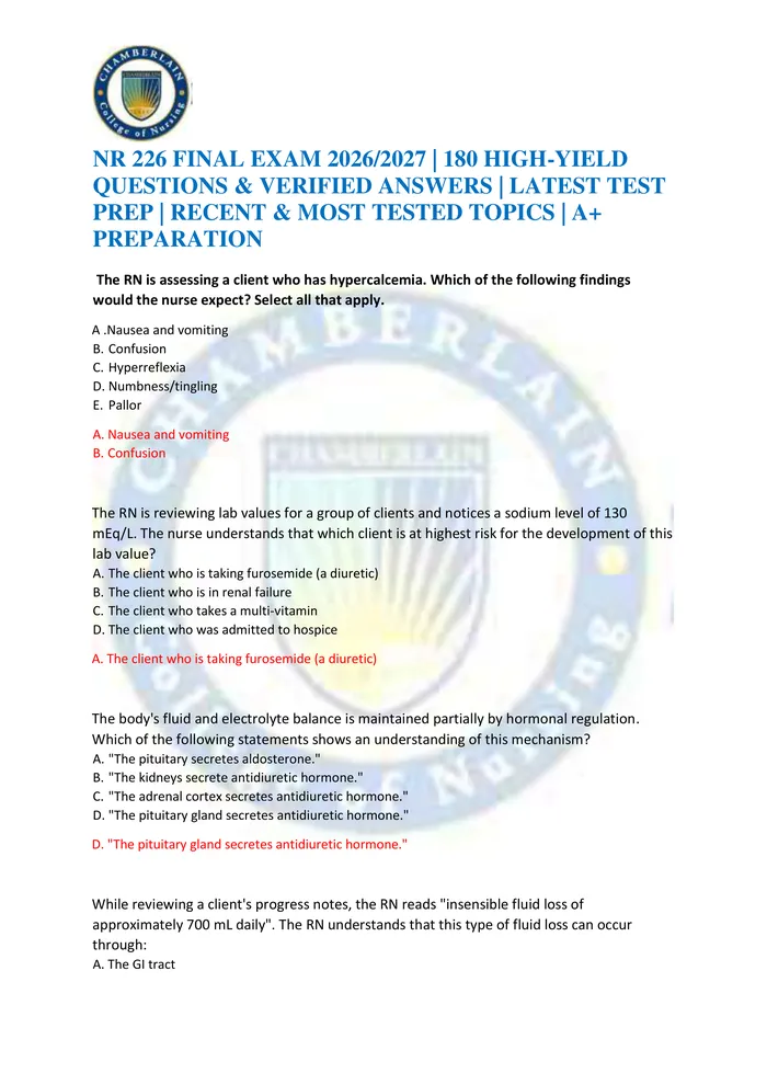 Preview of NR 226 FINAL EXAM 2026/2027 | 180 HIGH-YIELD QUESTIONS & VERIFIED ANSWERS | LATEST TEST PREP | RECENT & MOST TESTED TOPI