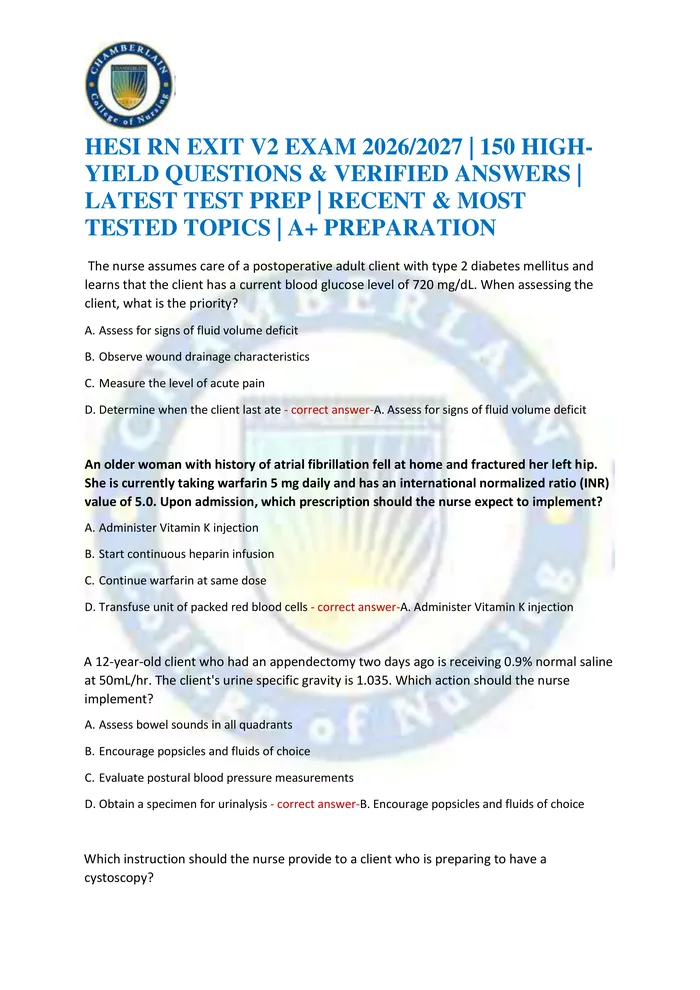 Preview of HESI RN EXIT V2 EXAM 2026/2027 | 150 HIGH-YIELD QUESTIONS & VERIFIED ANSWERS | LATEST TEST PREP | RECENT & MOST TESTED T