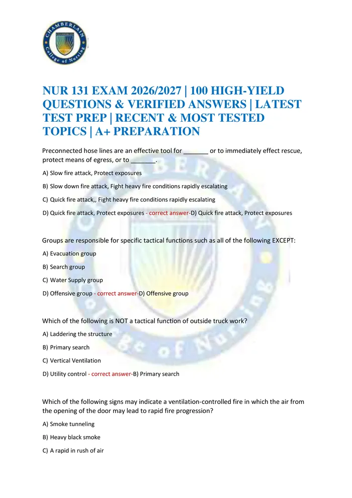 Preview of NUR 131 EXAM 2026/2027 | 100 HIGH-YIELD QUESTIONS & VERIFIED ANSWERS | LATEST TEST PREP | RECENT & MOST TESTED TOPICS |