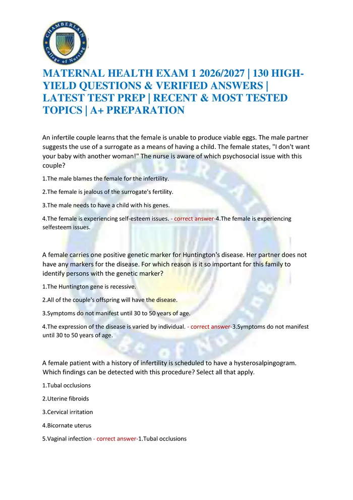 Preview of MATERNAL HEALTH EXAM 1 2026/2027 | 130 HIGH-YIELD QUESTIONS & VERIFIED ANSWERS | LATEST TEST PREP | RECENT & MOST TESTED