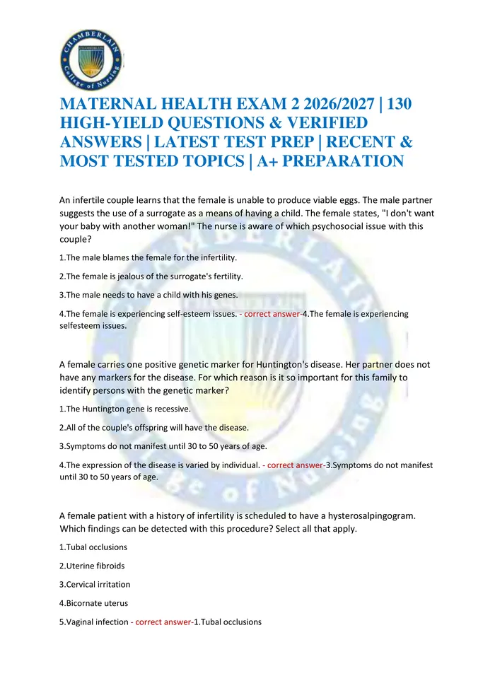 Preview of MATERNAL HEALTH EXAM 2 2026/2027 | 130 HIGH-YIELD QUESTIONS & VERIFIED ANSWERS | LATEST TEST PREP | RECENT & MOST TESTED