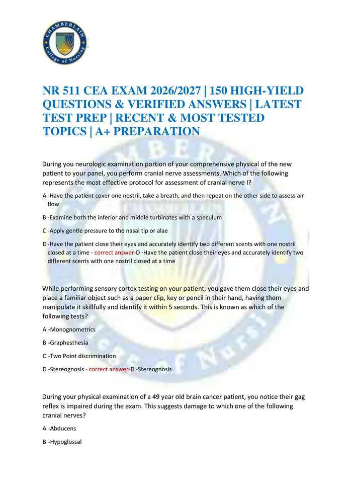 Preview of NR 511 CEA EXAM 2026/2027 | 150 HIGH-YIELD QUESTIONS & VERIFIED ANSWERS | LATEST TEST PREP | RECENT & MOST TESTED TOPICS