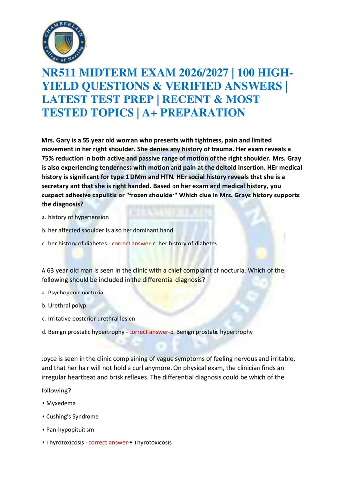 Preview of NR511 MIDTERM EXAM 2026/2027 | 100 HIGH-YIELD QUESTIONS & VERIFIED ANSWERS | LATEST TEST PREP | RECENT & MOST TESTED TOP