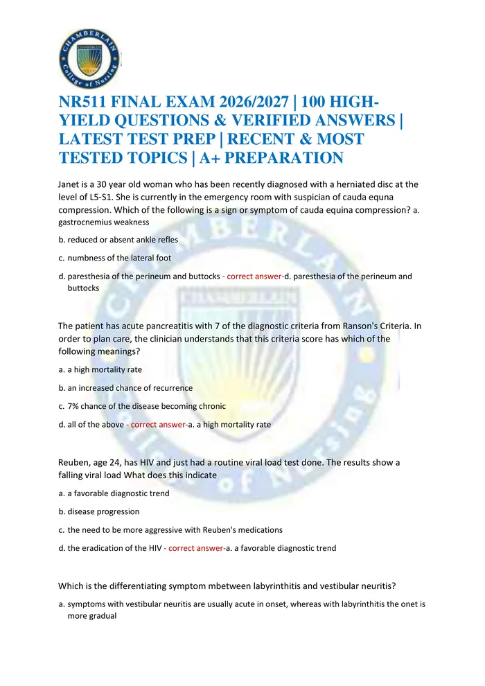 Preview of NR511 FINAL EXAM 2026/2027 | 100 HIGH-YIELD QUESTIONS & VERIFIED ANSWERS | LATEST TEST PREP | RECENT & MOST TESTED TOPIC