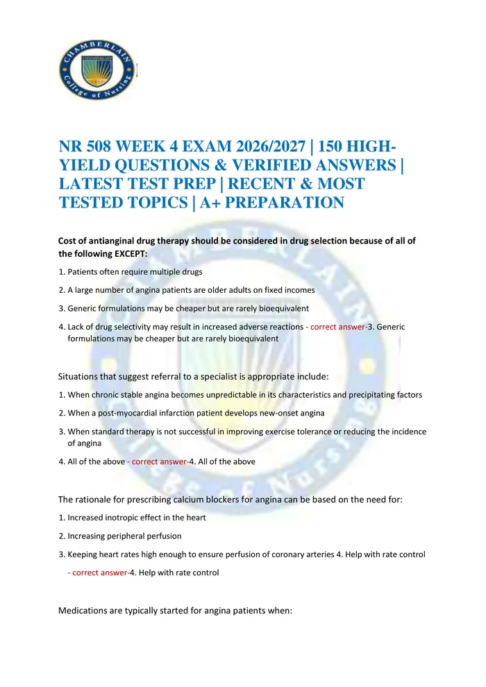 Preview of NR 508 WEEK 4 EXAM 2026/2027 | 150 HIGH-YIELD QUESTIONS & VERIFIED ANSWERS | LATEST TEST PREP | RECENT & MOST TESTED TOP