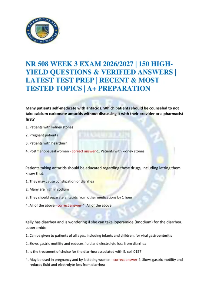 Preview of NR 508 WEEK 3 EXAM 2026/2027 | 150 HIGH-YIELD QUESTIONS & VERIFIED ANSWERS | LATEST TEST PREP | RECENT & MOST TESTED TOP