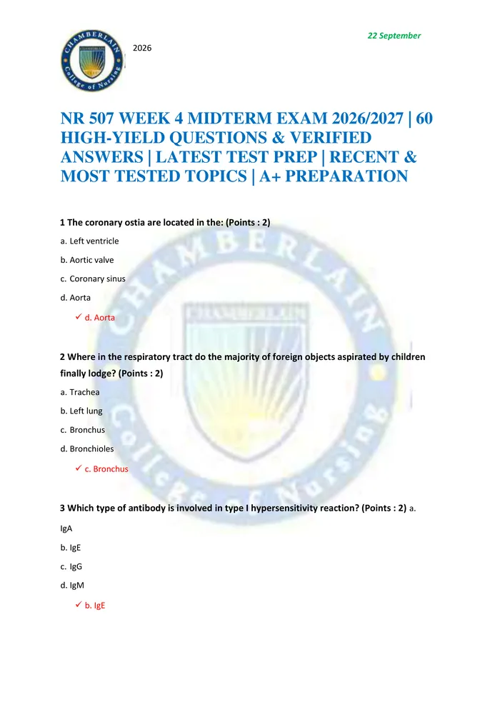 Preview of NR 507 WEEK 4 MIDTERM EXAM 2026/2027 | 60 HIGH-YIELD QUESTIONS & VERIFIED ANSWERS | LATEST TEST PREP | RECENT & MOST TES