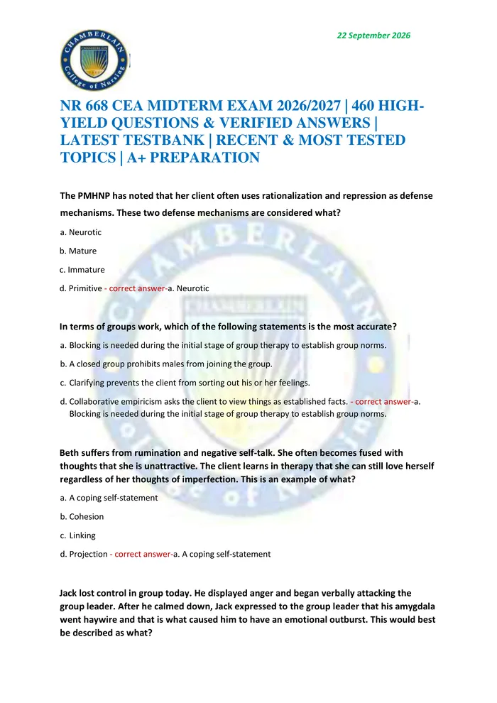 Preview of NR 668 CEA MIDTERM EXAM 2026/2027 | 460 HIGH-YIELD QUESTIONS & VERIFIED ANSWERS | LATEST TESTBANK | RECENT & MOST TESTED