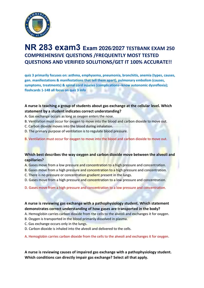 Preview of NR 283 exam3 Exam 2026/2027 TESTBANK EXAM 250  COMPREHENSIVE QUESTIONS /FREQUENTLY MOST TESTED  QUESTIONS AND VERIFIED S