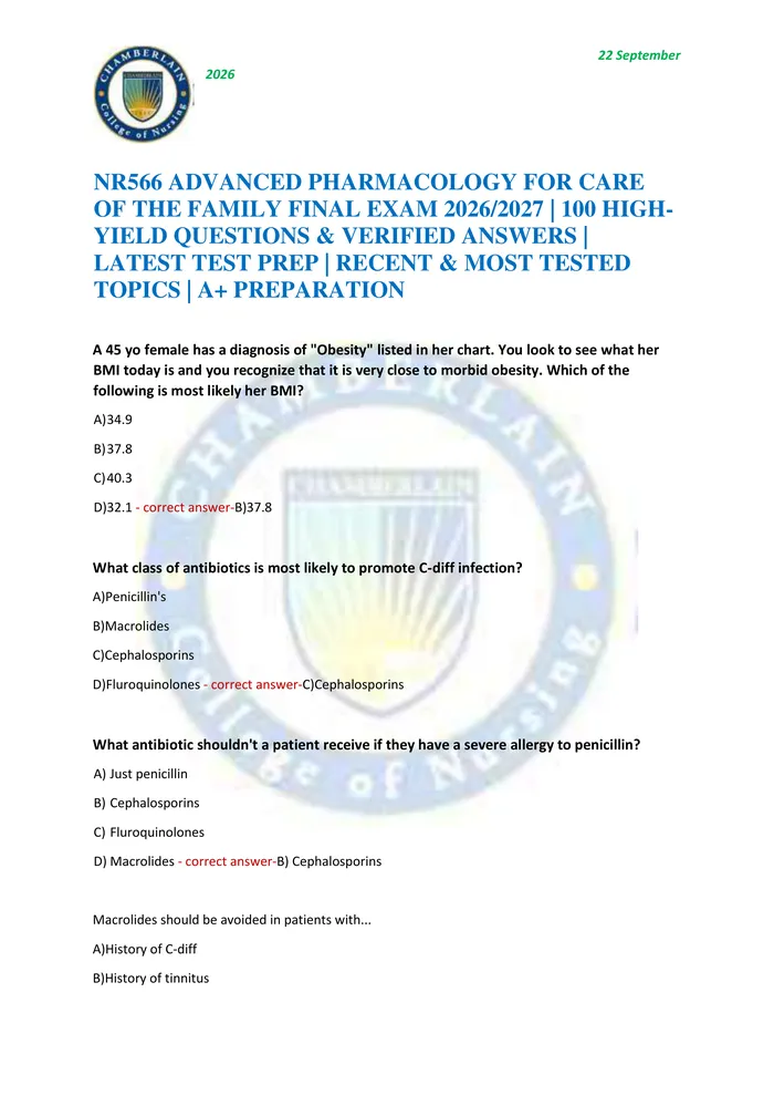Preview of NR566 ADVANCED PHARMACOLOGY FOR CARE OF THE FAMILY FINAL EXAM 2026/2027 | 100 HIGH-YIELD QUESTIONS & VERIFIED ANSWERS |