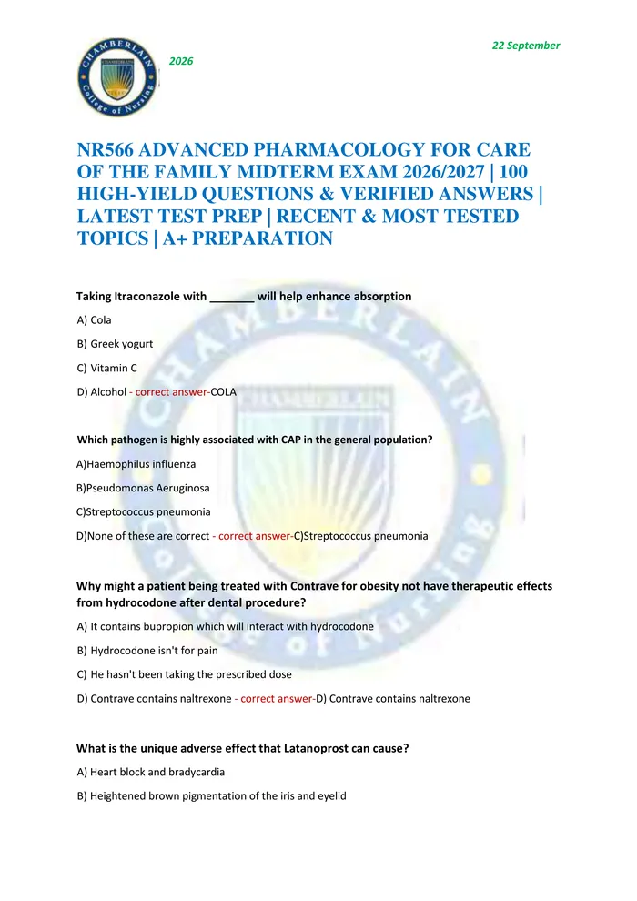 Preview of NR566 ADVANCED PHARMACOLOGY FOR CARE OF THE FAMILY MIDTERM EXAM 2026/2027 | 100 HIGH-YIELD QUESTIONS & VERIFIED ANSWERS