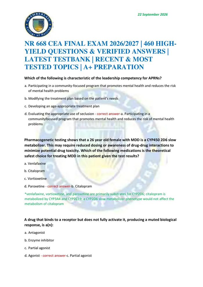 Preview of NR 668 CEA FINAL EXAM 2026/2027 | 460 HIGH-YIELD QUESTIONS & VERIFIED ANSWERS | LATEST TESTBANK | RECENT & MOST TESTED T