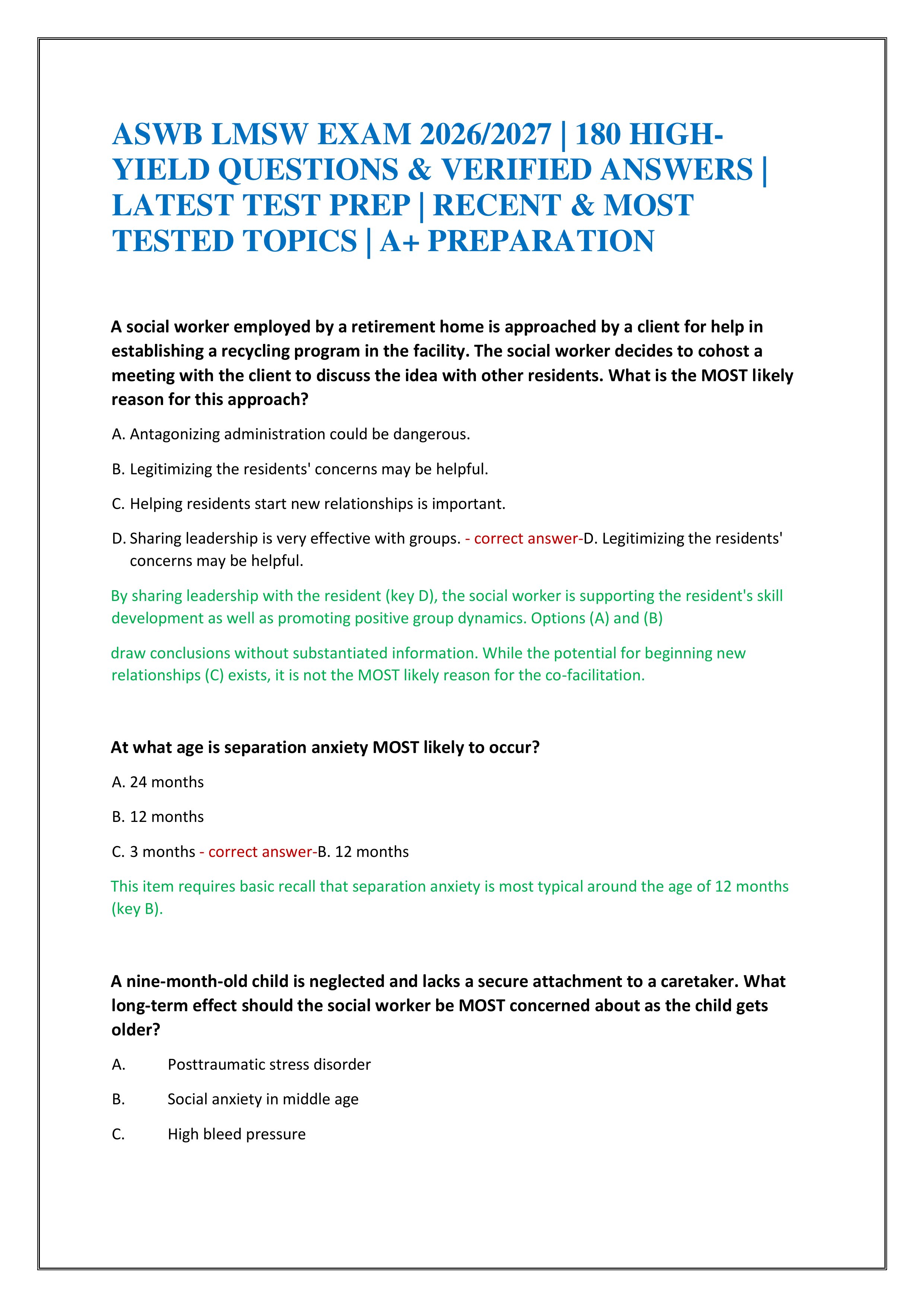 Preview of ASWB LMSW EXAM 2026/2027 | 180 HIGH-YIELD QUESTIONS & VERIFIED ANSWERS | LATEST TEST PREP | RECENT & MOST TESTED TOPICS