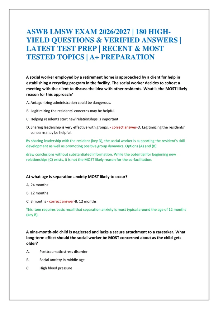 Preview of ASWB LMSW EXAM 2026/2027 | 180 HIGH-YIELD QUESTIONS & VERIFIED ANSWERS | LATEST TEST PREP | RECENT & MOST TESTED TOPICS