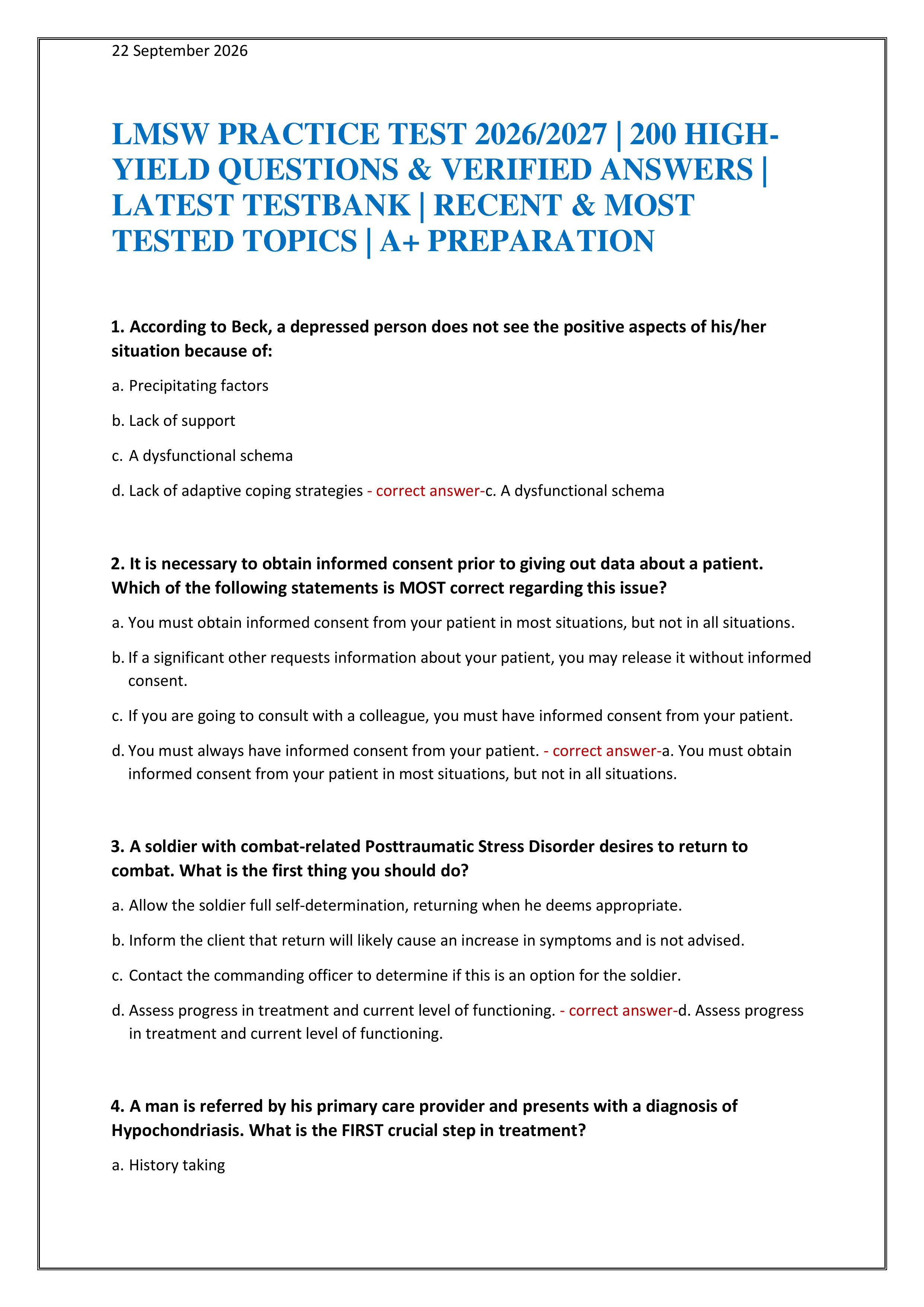 Preview of LMSW PRACTICE TEST 2026/2027 | 200 HIGH-YIELD QUESTIONS & VERIFIED ANSWERS | LATEST TESTBANK | RECENT & MOST TESTED TOPI