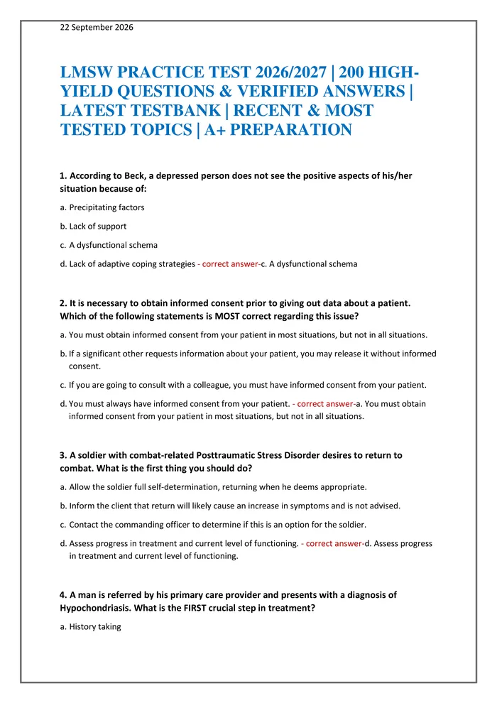 Preview of LMSW PRACTICE TEST 2026/2027 | 200 HIGH-YIELD QUESTIONS & VERIFIED ANSWERS | LATEST TESTBANK | RECENT & MOST TESTED TOPI