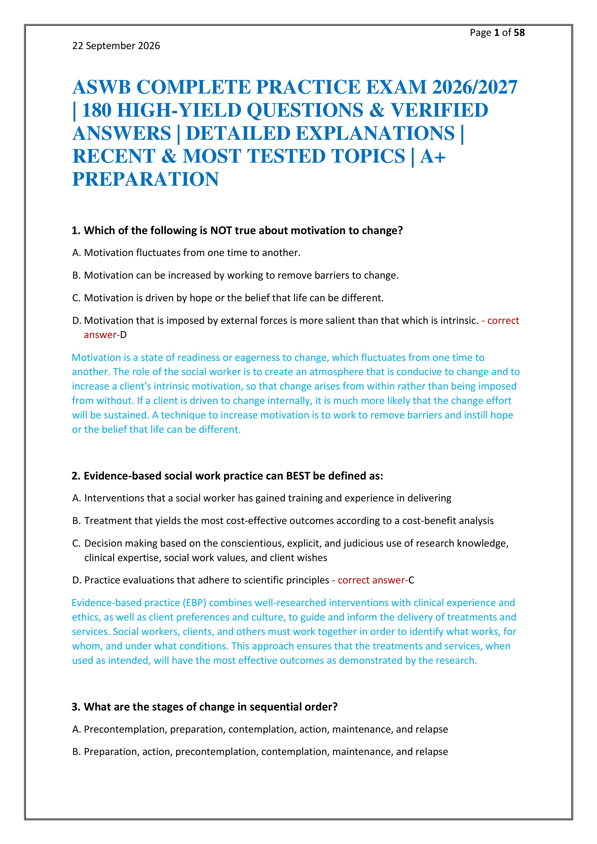 Preview of ASWB COMPLETE PRACTICE EXAM 2026/2027 | 180 HIGH-YIELD QUESTIONS & VERIFIED ANSWERS | DETAILED EXPLANATIONS | RECENT & M