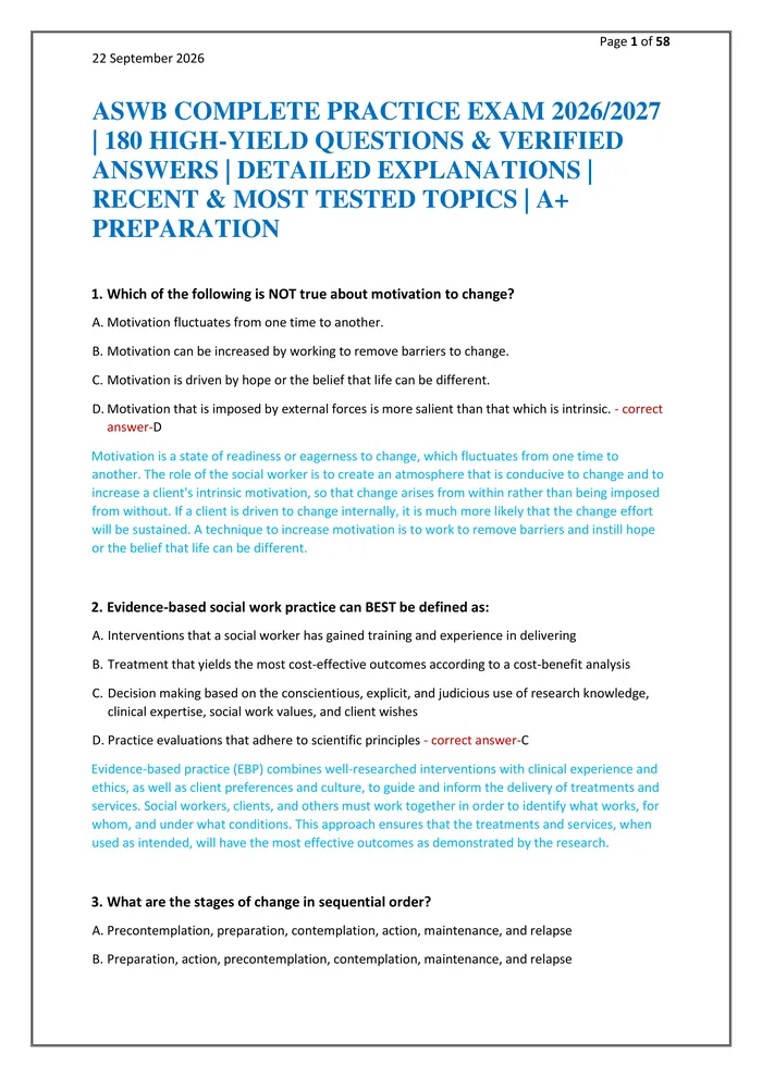 Preview of ASWB COMPLETE PRACTICE EXAM 2026/2027 | 180 HIGH-YIELD QUESTIONS & VERIFIED ANSWERS | DETAILED EXPLANATIONS | RECENT & M