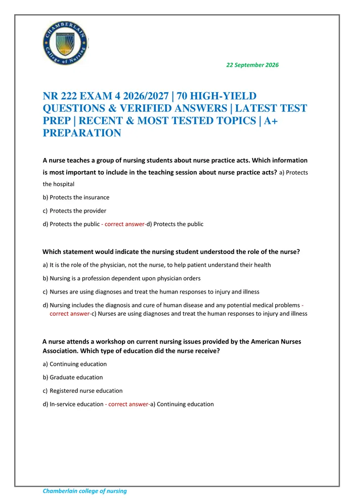 Preview of NR 222 EXAM 4 2026/2027 | 70 HIGH-YIELD QUESTIONS & VERIFIED ANSWERS | LATEST TEST PREP | RECENT & MOST TESTED TOPICS |
